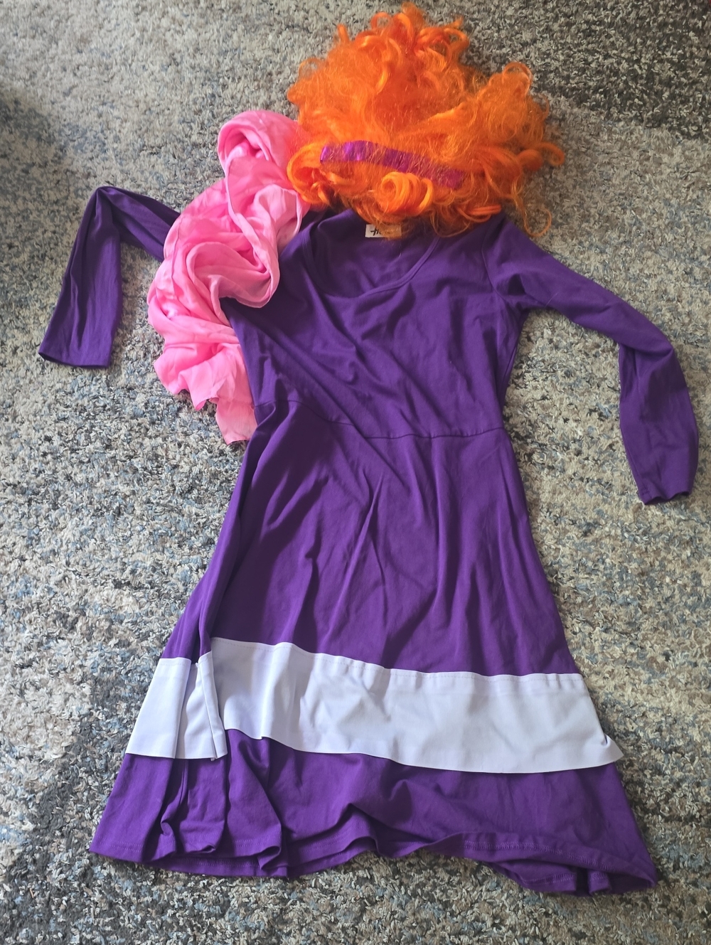 Daphne Halloween Costume WithPurple Costume Dress with Pink Scarf and Orange Wig